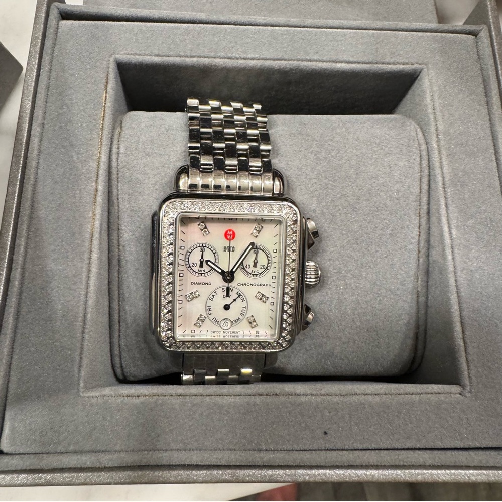 Michele Silver Diamond-Accented Watch